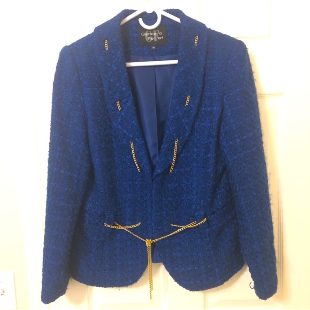 Giancarlo Ferrari Royal Blue Tweed Open Blazer Gold Accents Cobalt Shawl Collar